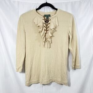 Lauren Ralph Lauren Plus Size 3/4 Sleeve Taupe Ruffle Front Blouse Top Sz S